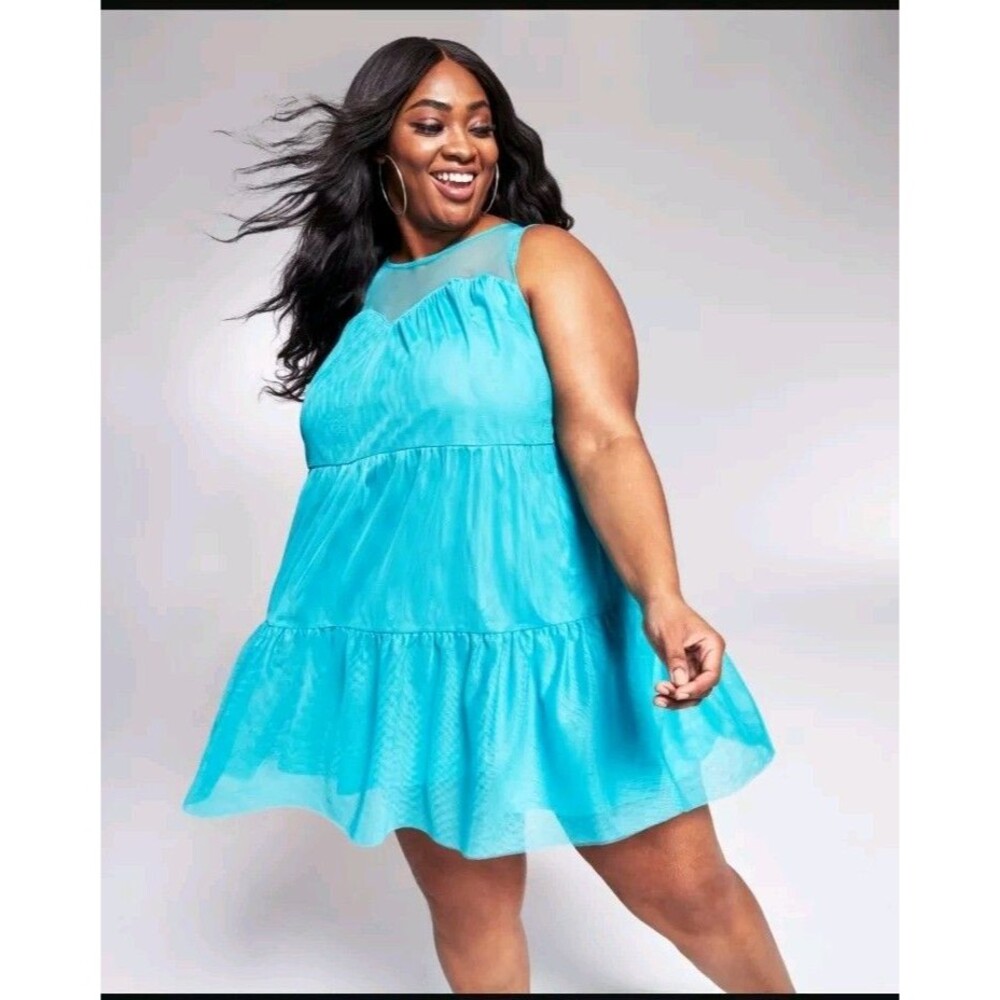 Goo Goo x Bar III Women’s 2X Sparkling Blue Mesh Overlay Fit & Flare Mini Dress